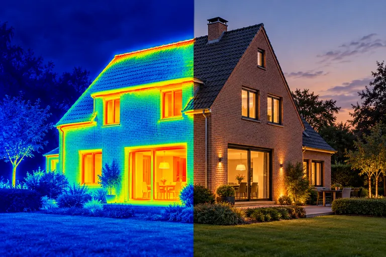 Illustratie van een woning, deels als warmtebeeld en deels als gewone foto